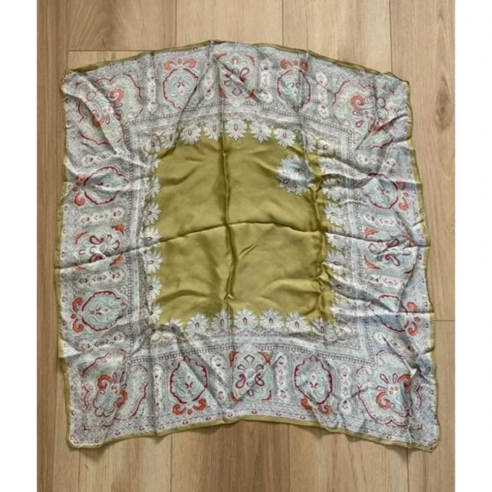 Vintage Paisley‎ Patterned Gold Green Scarf with Ornate Border